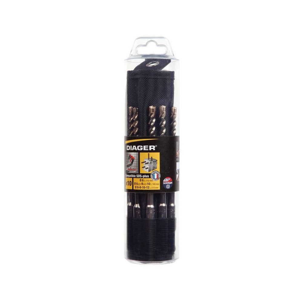 Trousse de forets sds plus booster plus L160 o 6 8 10 12 14 mm 10 pcs diager 072B