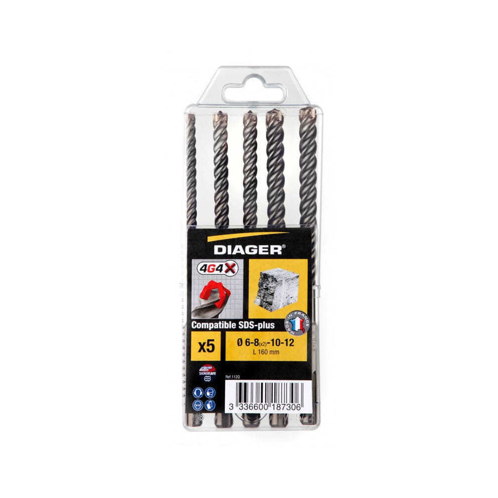 Coffret de forets sds plus 4 taillants O6 a 12 mm 4G4 diager 112Q