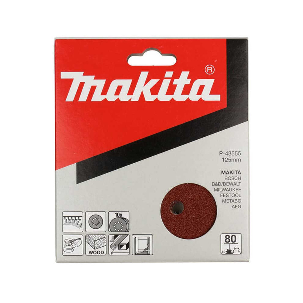 Disques abrasifs Ø125 mm Red Velcro grain 80 Makita P-43555 bois/métal (10 pcs) | ProForPro
