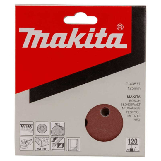 Disques abrasifs Ø125 mm Red Velcro grain 120 Makita P-43577 bois/métal (10 pcs) | ProForPro