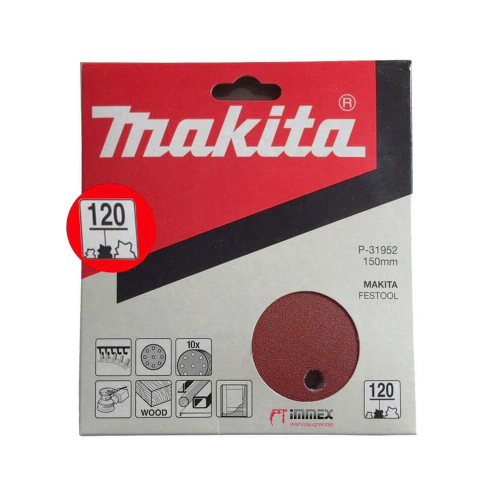 Disques abrasifs Ø150 mm auto-agrippants grain 120 Makita P-31952 8+1 trous (10 pcs) | ProForPro