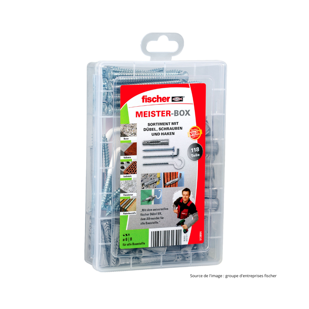 Assortiment chevilles, vis et crochets Fischer 118 pièces 513894