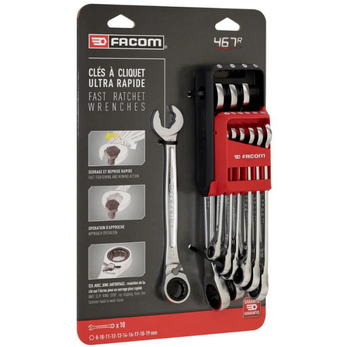 Jeu 10 clés mixtes à cliquet réversible 8-19 mm Facom 467BR.JP10PB | ProForPro